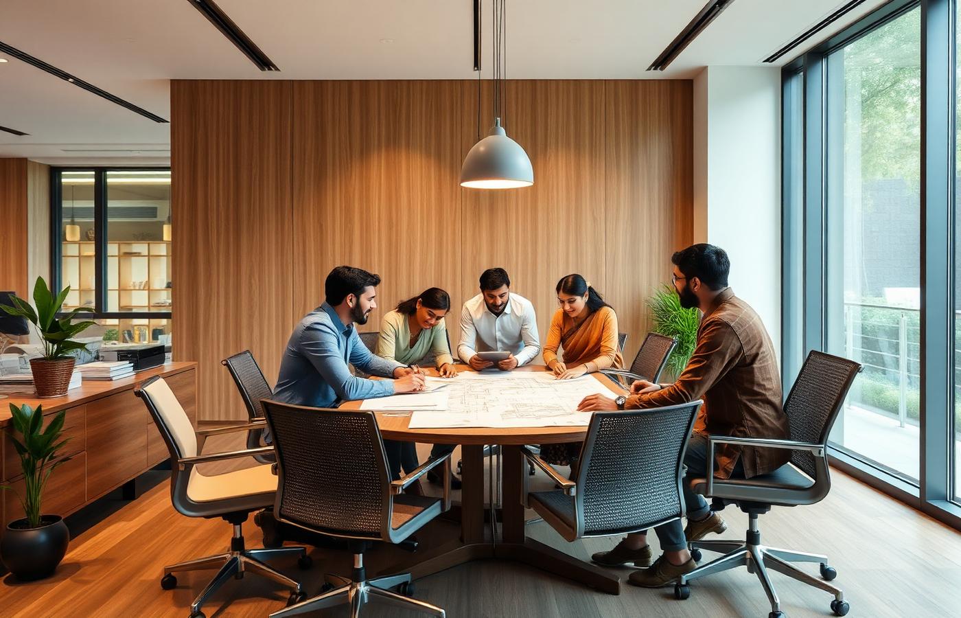 The Kuberaas Builders Properties team reviewing layout plans at the head office
